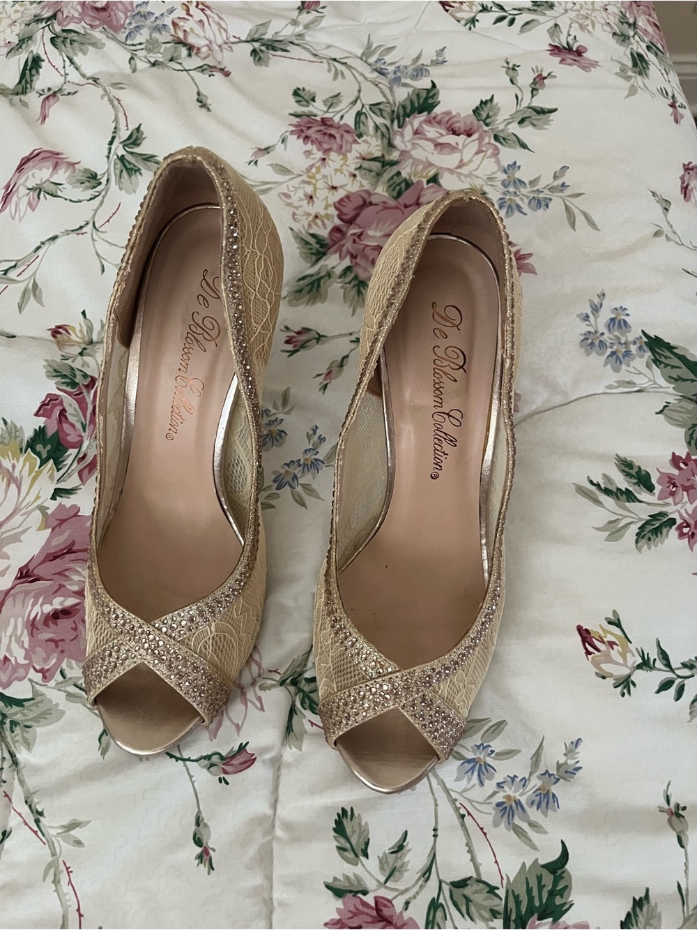 De Blossom Collection Gold Lace Peep-Toe Heels with Rhinestones